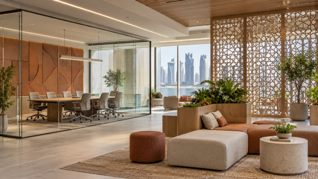 Flexible office interior in Doha with acoustic panels, collaborative seating and custom joinery