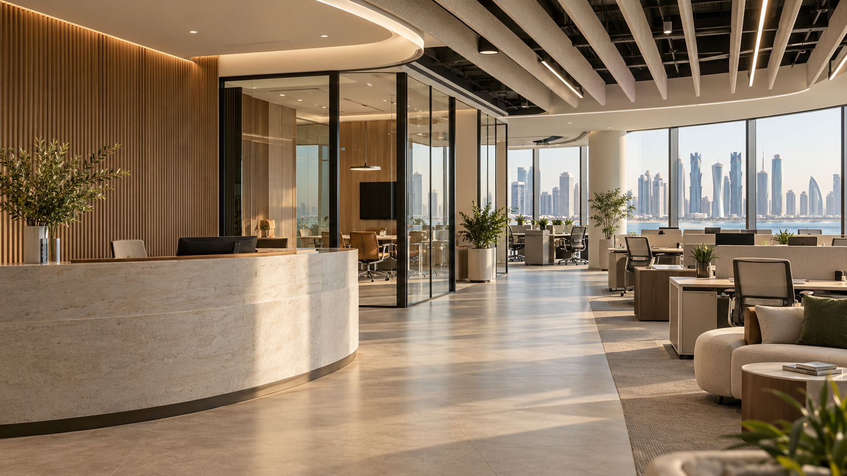 Contemporary office fit-out in Qatar with reception, glass meeting rooms and ergonomic workstations
